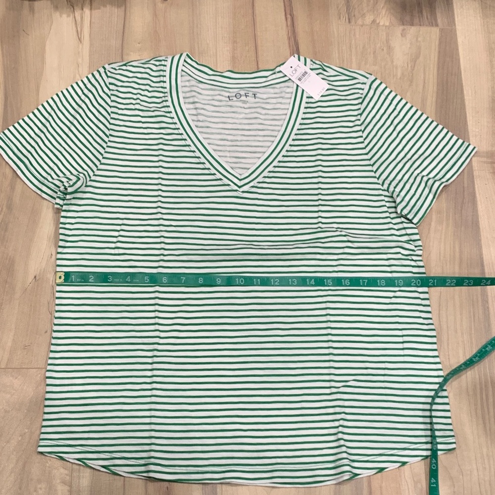 LOFT Mint and White Striped V-Neck Tee